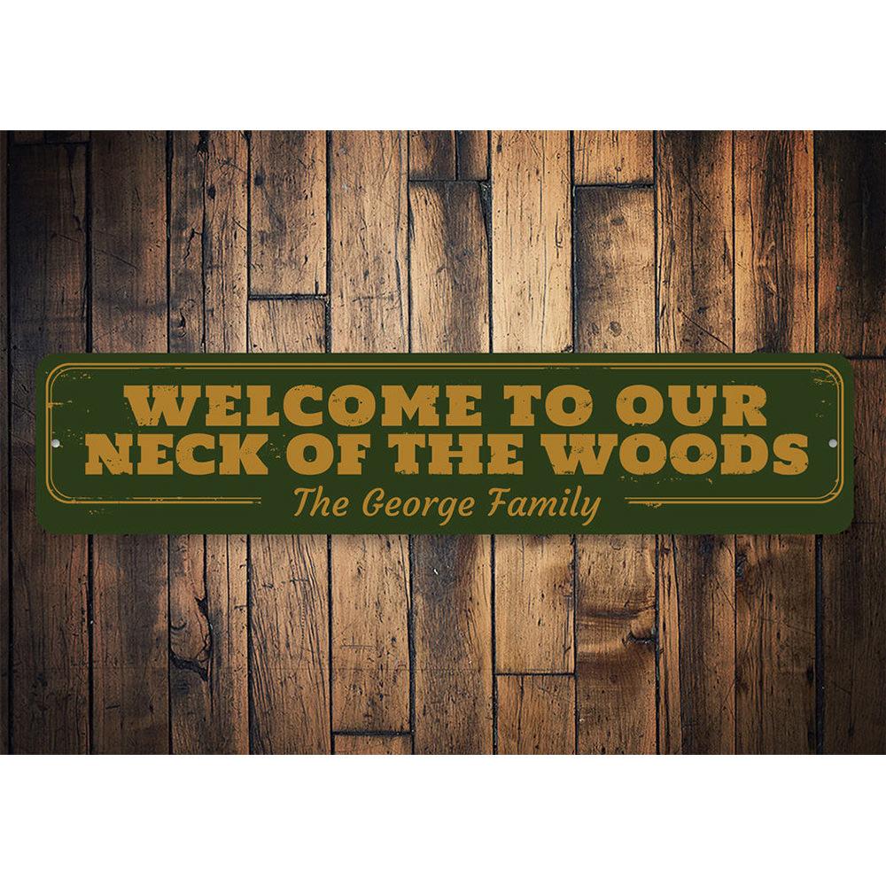 A beautifully crafted Neck of the Woods Sign made from high-quality aluminum, showcasing a rustic design perfect for lakehouses.