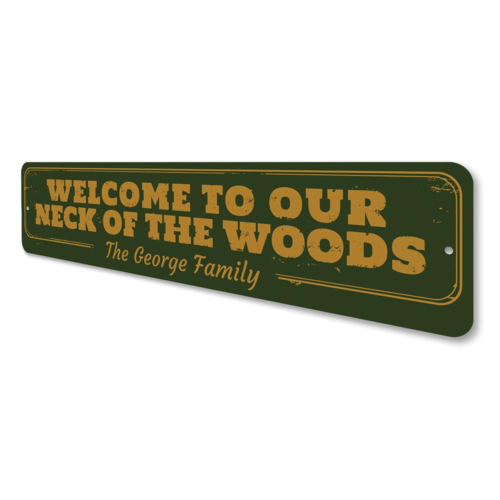 A beautifully crafted Neck of the Woods Sign made from high-quality aluminum, showcasing a rustic design perfect for lakehouses.