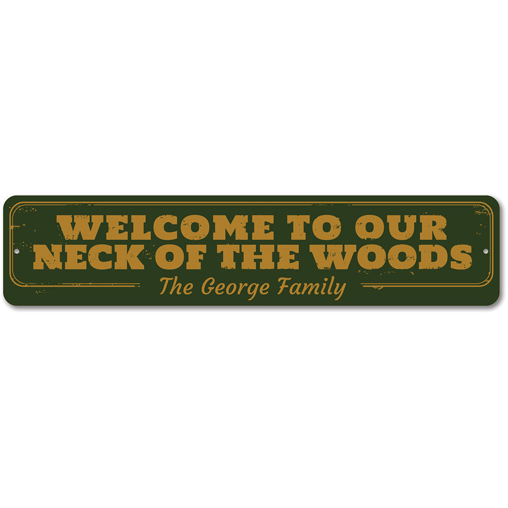 A beautifully crafted Neck of the Woods Sign made from high-quality aluminum, showcasing a rustic design perfect for lakehouses.