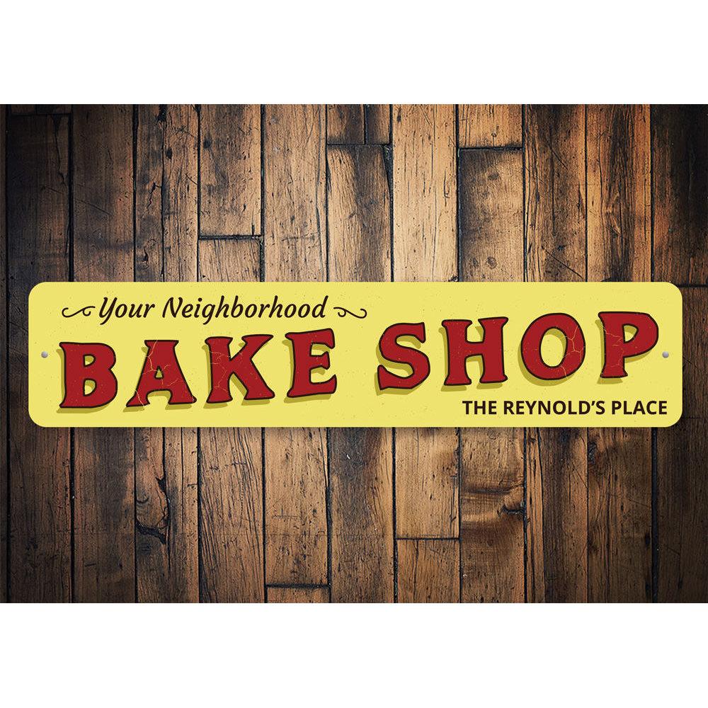 Customizable Neighborhood Bake Shop Sign made of durable aluminum, featuring pre-drilled holes for easy mounting.