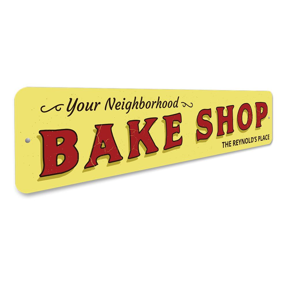 Customizable Neighborhood Bake Shop Sign made of durable aluminum, featuring pre-drilled holes for easy mounting.