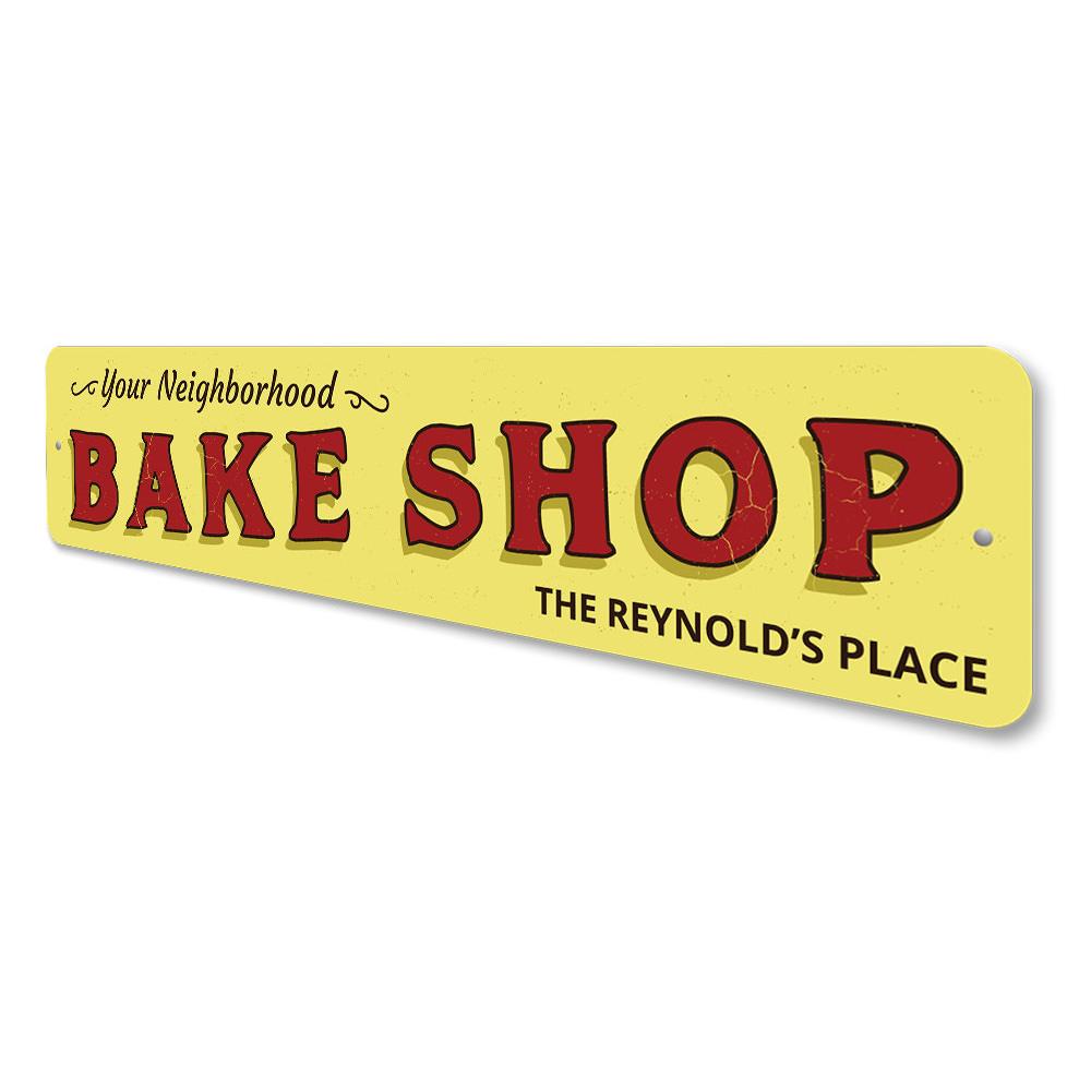 Customizable Neighborhood Bake Shop Sign made of durable aluminum, featuring pre-drilled holes for easy mounting.