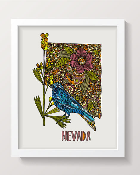 An 8x10 archival art print of Nevada State Map featuring the Mountain Bluebird and Big Sagebrush, beautifully illustrated in pen and ink with digital coloring.