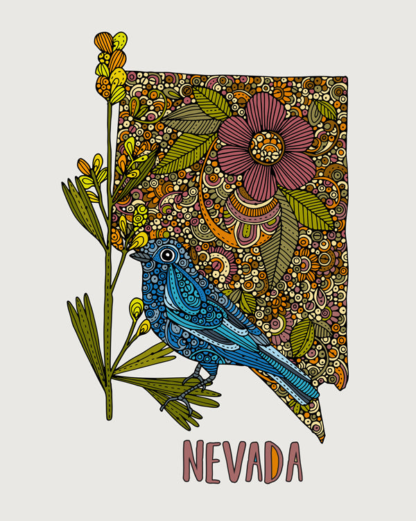 An 8x10 archival art print of Nevada State Map featuring the Mountain Bluebird and Big Sagebrush, beautifully illustrated in pen and ink with digital coloring.