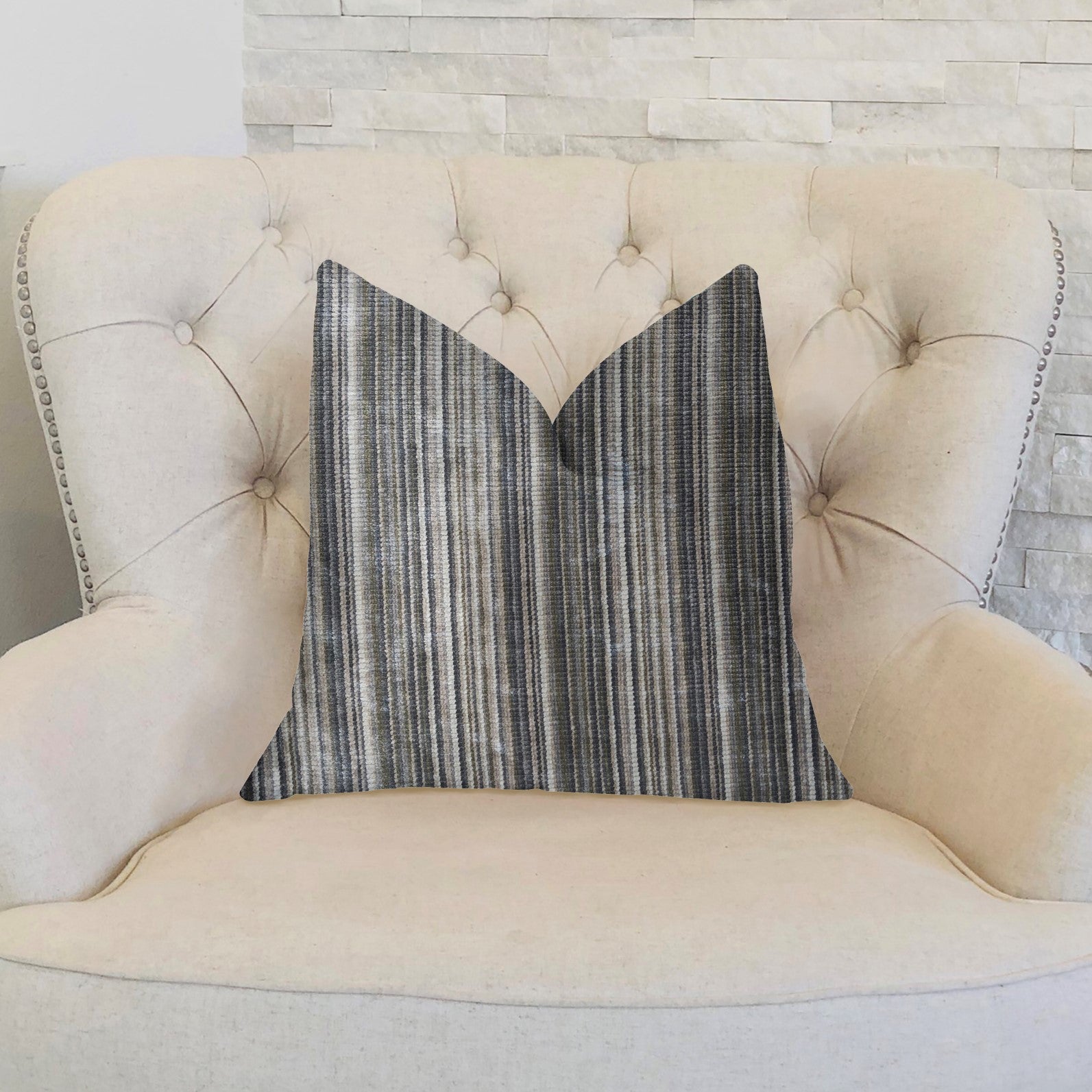 New Hampton Ivory and Blue Luxury Throw Pillow showcasing a striped pattern with an invisible zipper, handmade in the USA.