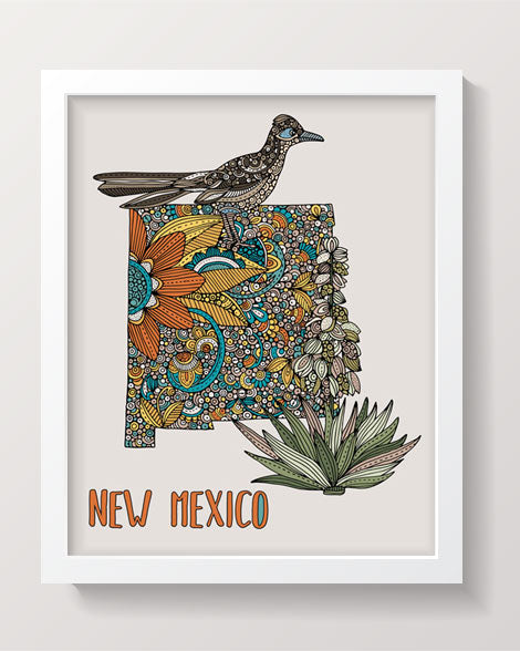 An archival art print of New Mexico State Map featuring the Greater Roadrunner and Yucca Flower, designed in pen and ink with digital coloring.