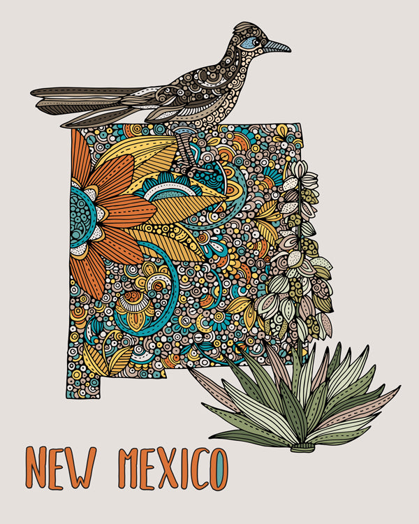 An archival art print of New Mexico State Map featuring the Greater Roadrunner and Yucca Flower, designed in pen and ink with digital coloring.