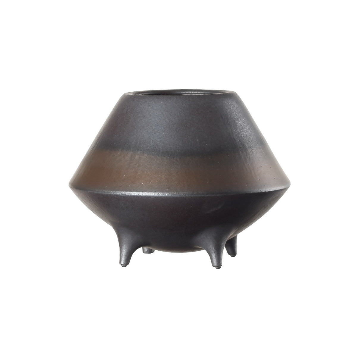 A modern ceramic bowl with a bronze to black finish, featuring tiny bronze legs, showcasing a blend of traditional and contemporary design.