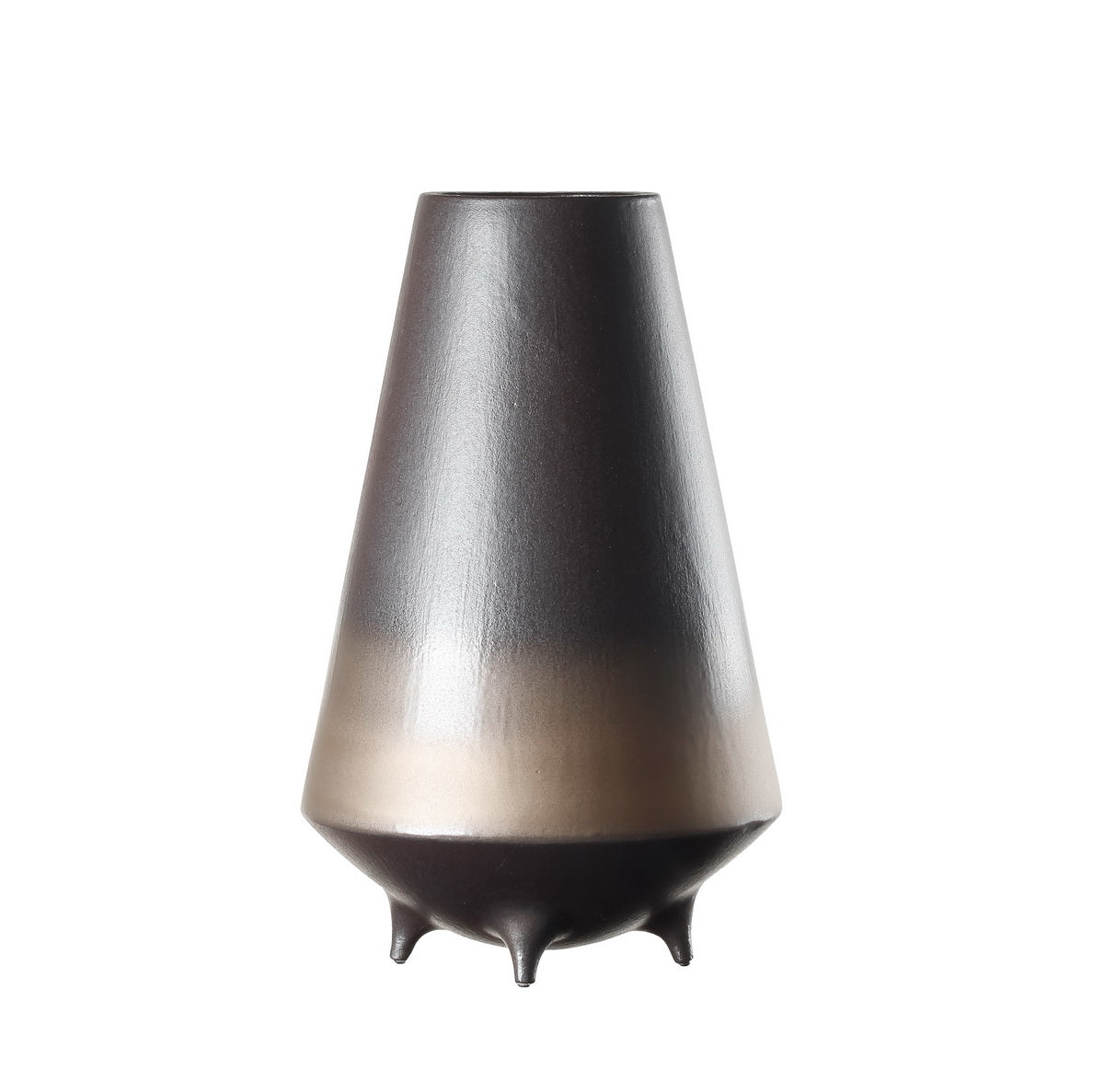 A modern ceramic vase with a bronze to black gradient finish, featuring tiny bronze legs, showcasing a blend of traditional Chinese and contemporary design.