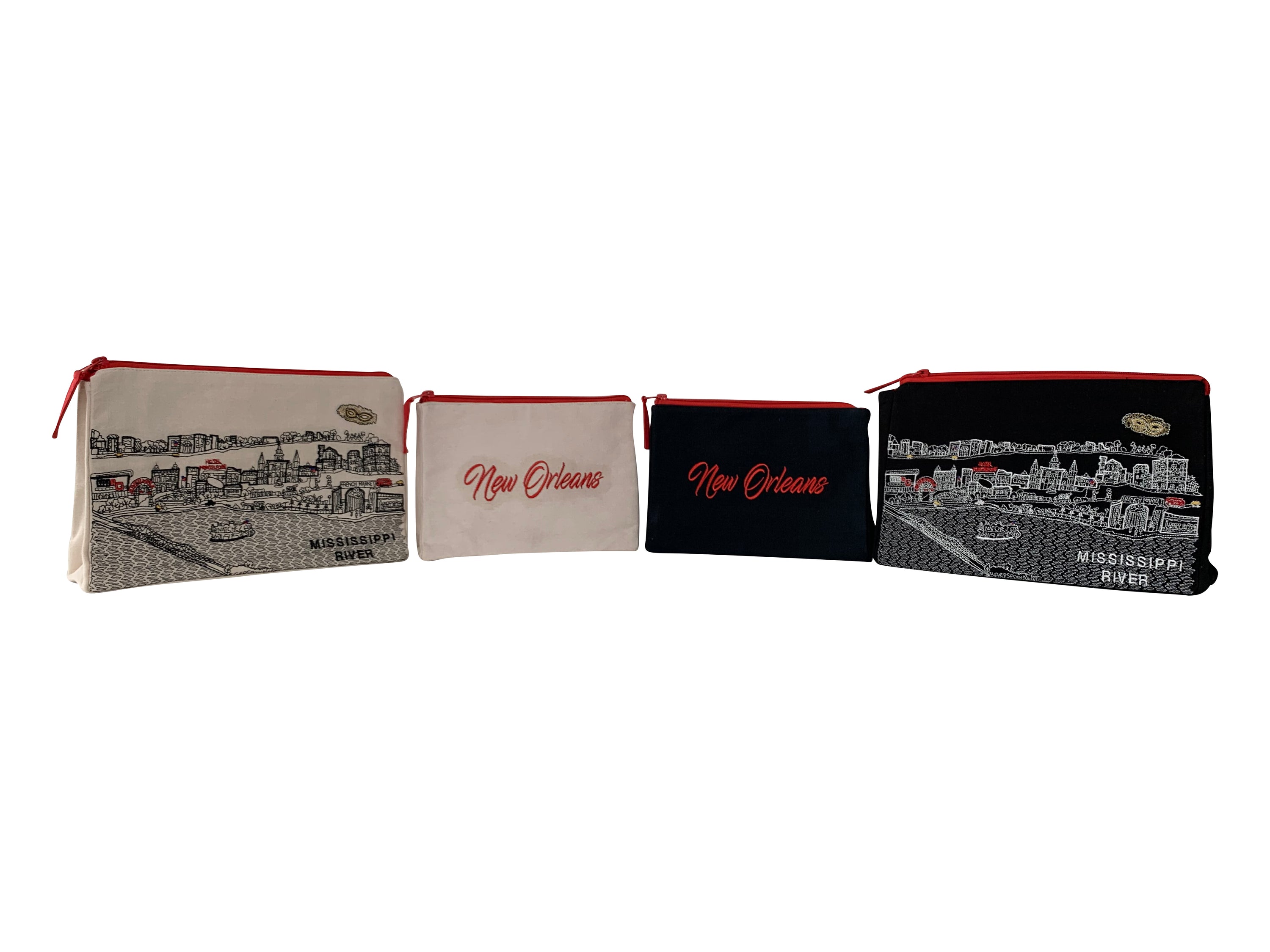 New Orleans Makeup Bag set featuring embroidered skyline on cream and black cotton canvas with red waterproof lining.