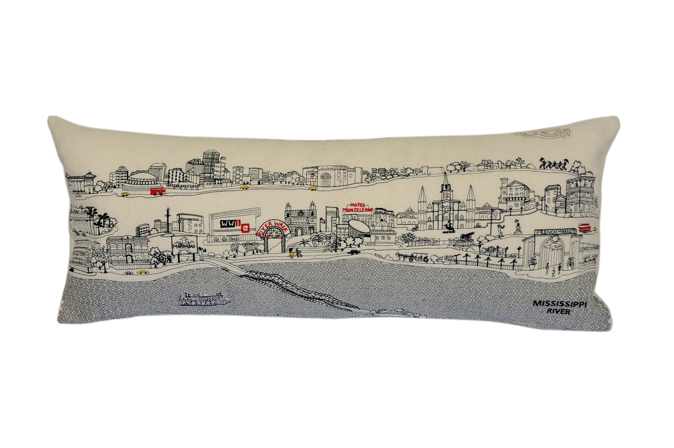 A decorative New Orleans pillow featuring vibrant embroidery inspired by the city's architecture and culture, with a red zipper at the bottom.