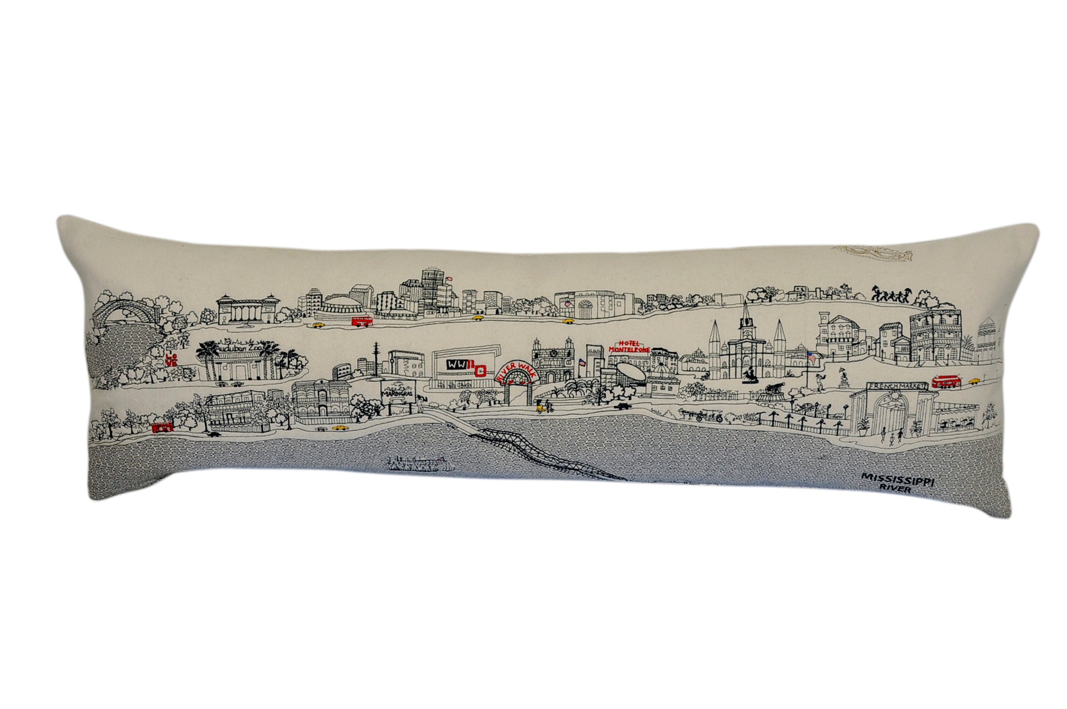 A decorative New Orleans pillow featuring vibrant embroidery inspired by the city's architecture and culture, with a red zipper at the bottom.