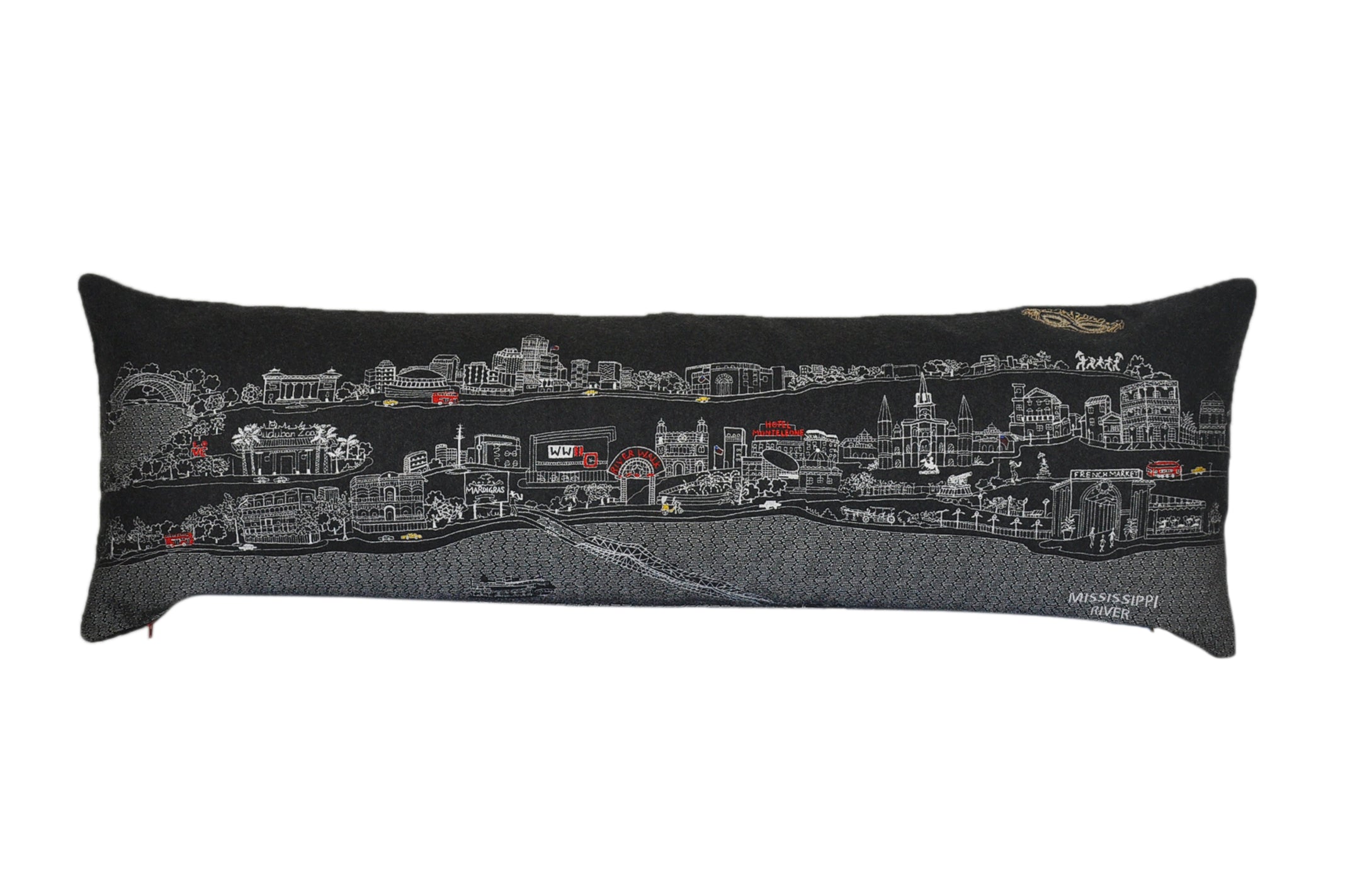 A decorative New Orleans pillow featuring vibrant embroidery inspired by the city's architecture and culture, with a red zipper at the bottom.