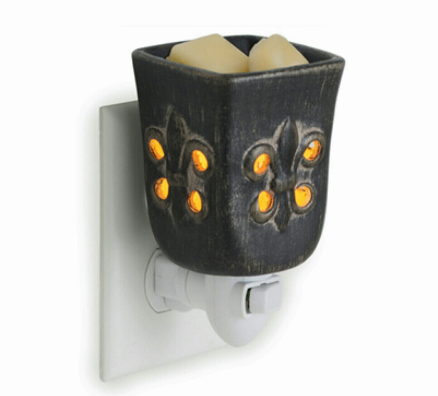 New Orleans pluggable warmer in antiqued black with fleurs de lis design, showcasing its elegant and charming appearance.