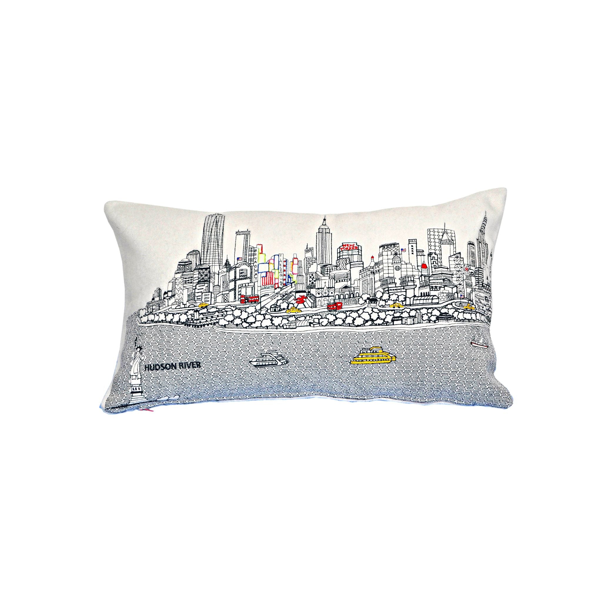 New York City Pillow featuring iconic designs and vibrant colors, perfect for home decor.