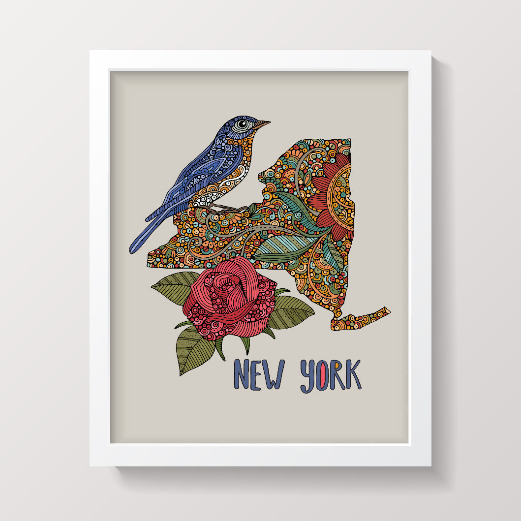 Archival art print of New York featuring Bluebird and Rose, showcasing intricate pen and ink details with vibrant digital colors.