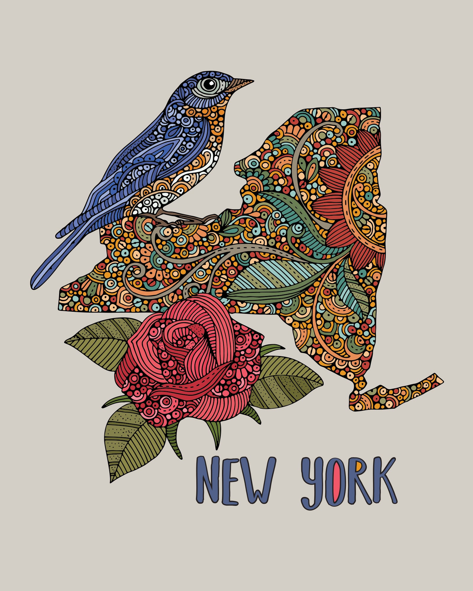 Archival art print of New York featuring Bluebird and Rose, showcasing intricate pen and ink details with vibrant digital colors.