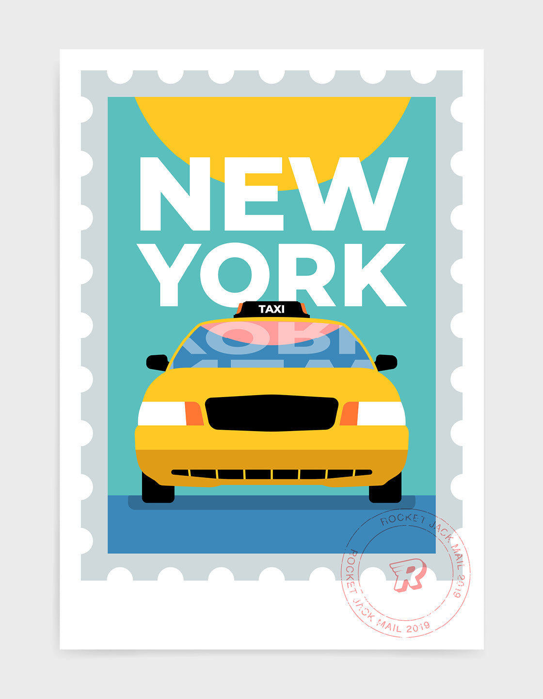 Customizable New York travel poster featuring an iconic yellow taxi, perfect for gifts and home decor.