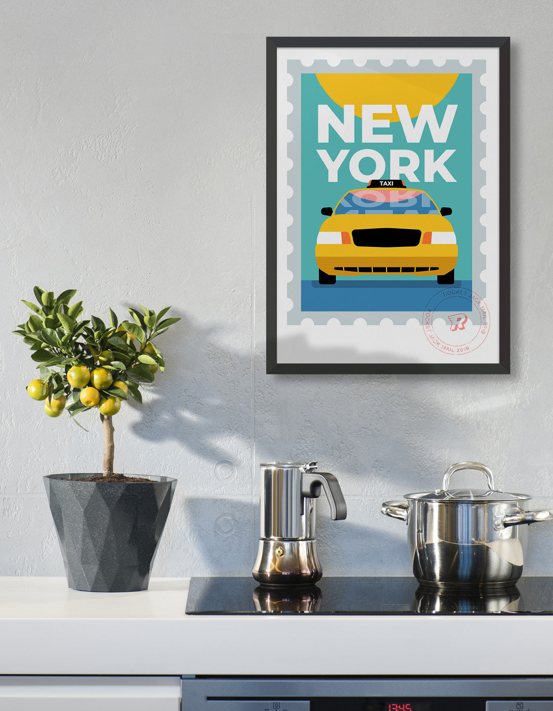 Customizable New York travel poster featuring an iconic yellow taxi, perfect for gifts and home decor.