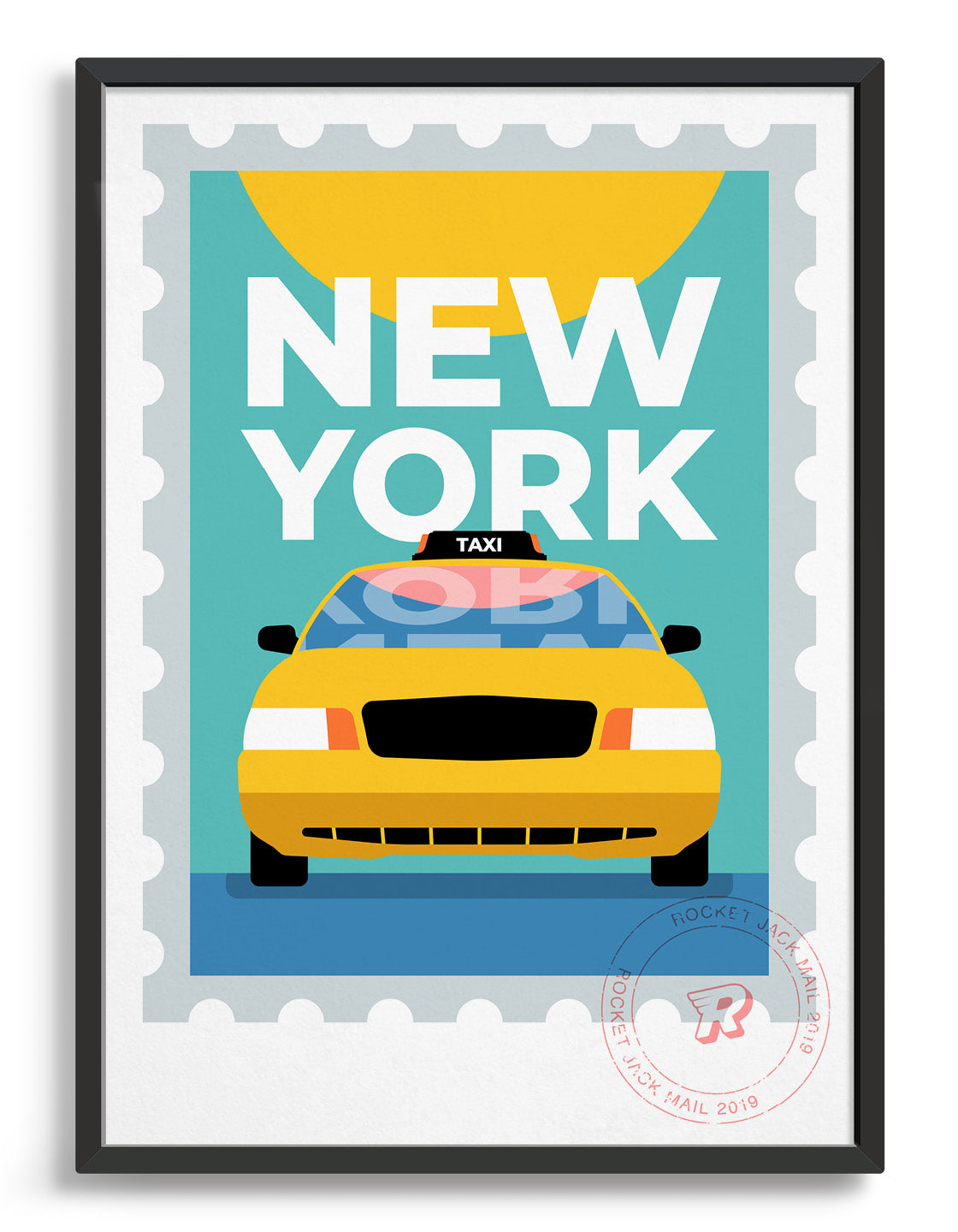 Customizable New York travel poster featuring an iconic yellow taxi, perfect for gifts and home decor.