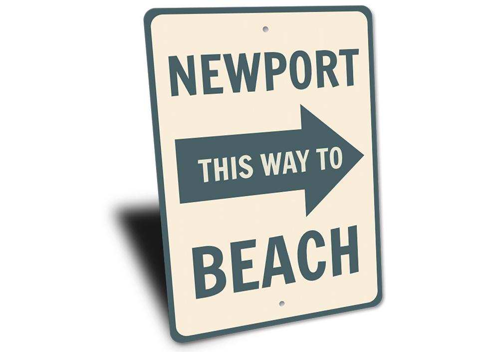 Newport Beach Arrow Sign made of high-quality aluminum, featuring customizable text and a coastal design, perfect for beach-themed decor.