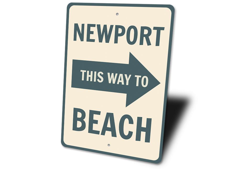 Newport Beach Arrow Sign made of high-quality aluminum, featuring customizable text and a coastal design, perfect for beach-themed decor.