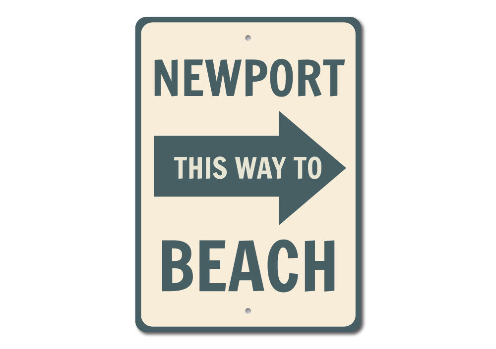 Newport Beach Arrow Sign made of high-quality aluminum, featuring customizable text and a coastal design, perfect for beach-themed decor.