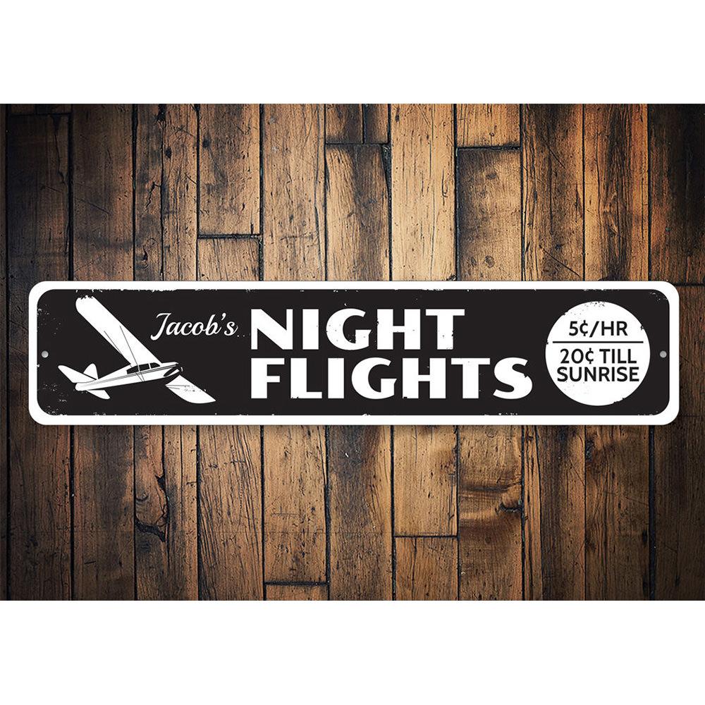 Night Flights Sign made of high-quality aluminum, featuring customizable text, perfect for home decor.