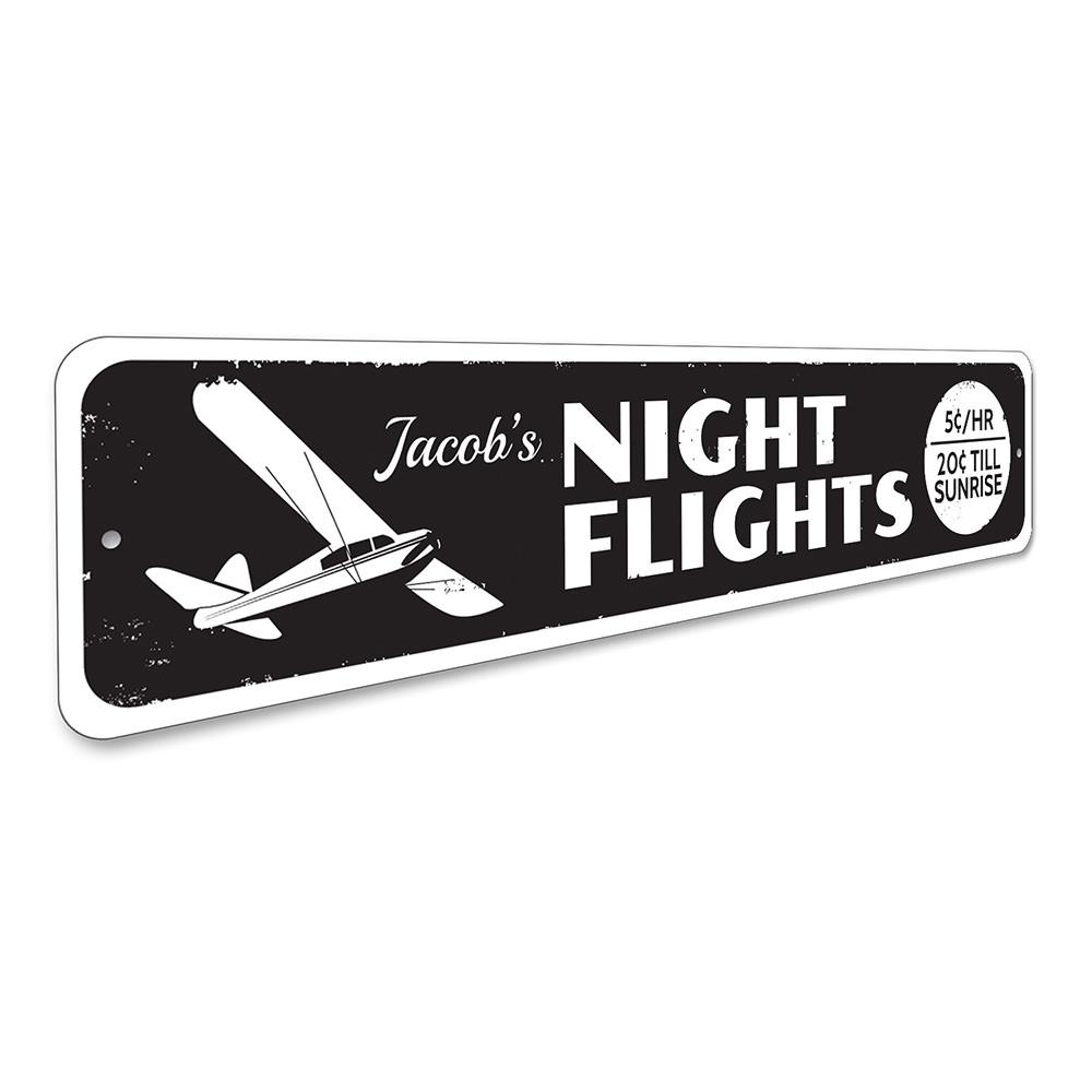 Night Flights Sign made of high-quality aluminum, featuring customizable text, perfect for home decor.