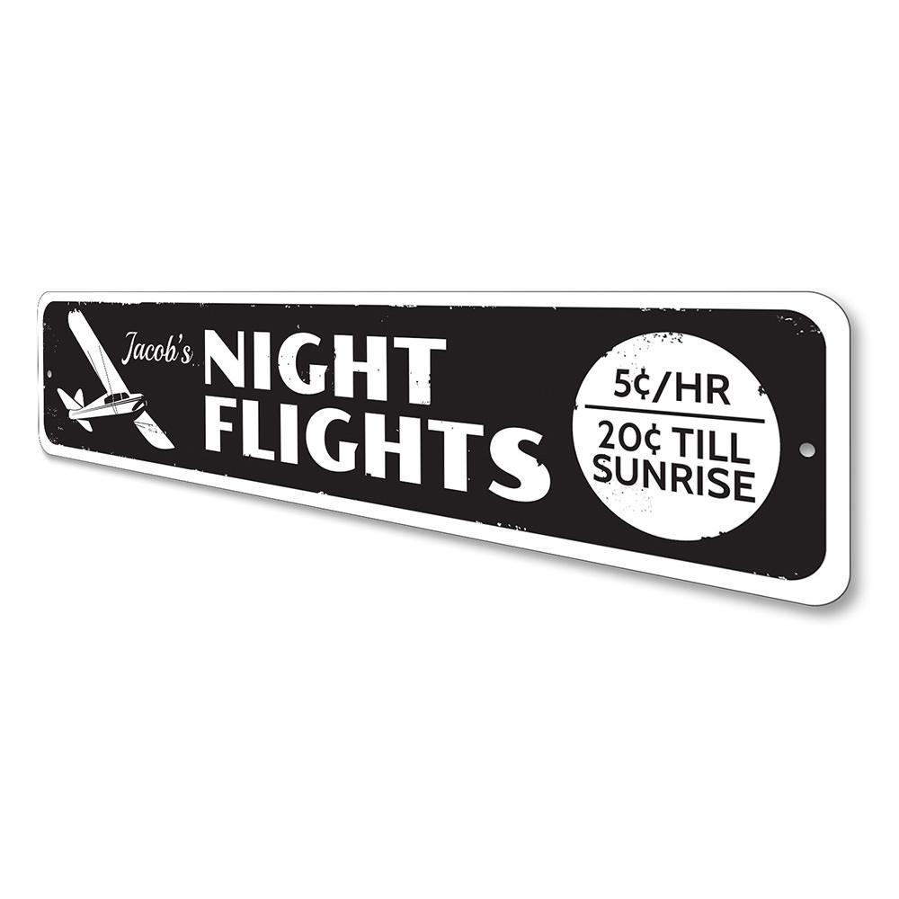 Night Flights Sign made of high-quality aluminum, featuring customizable text, perfect for home decor.