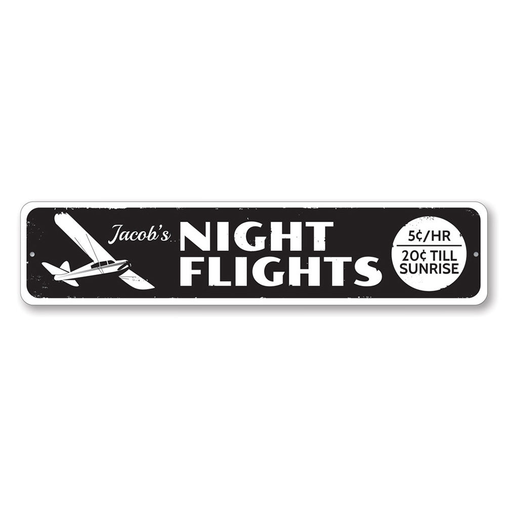 Night Flights Sign made of high-quality aluminum, featuring customizable text, perfect for home decor.