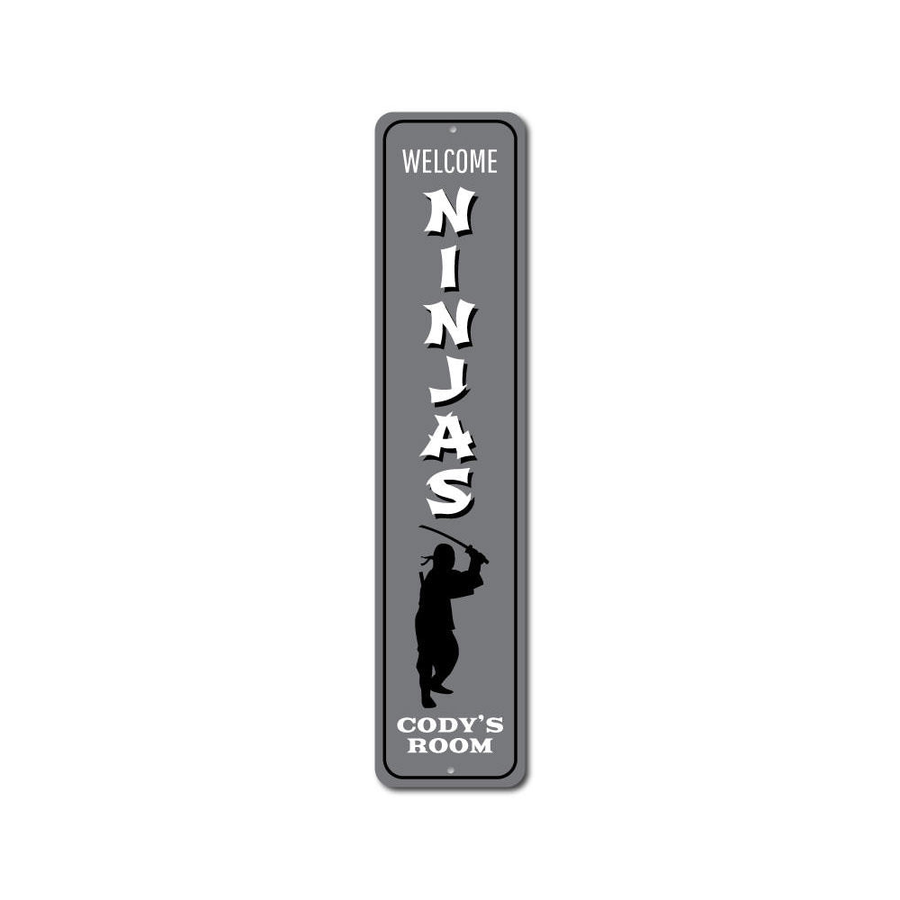 Ninjas Vertical Sign featuring vibrant ninja graphics, perfect for children's room decor, made from durable aluminum.