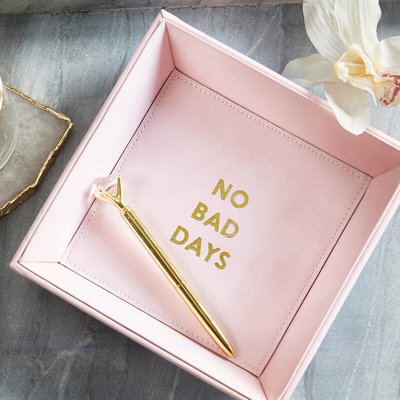 No Bad Days Blush Pink Valet Tray with gold lettering, perfect for organizing jewelry and trinkets.