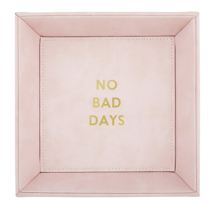 No Bad Days Blush Pink Valet Tray with gold lettering, perfect for organizing jewelry and trinkets.