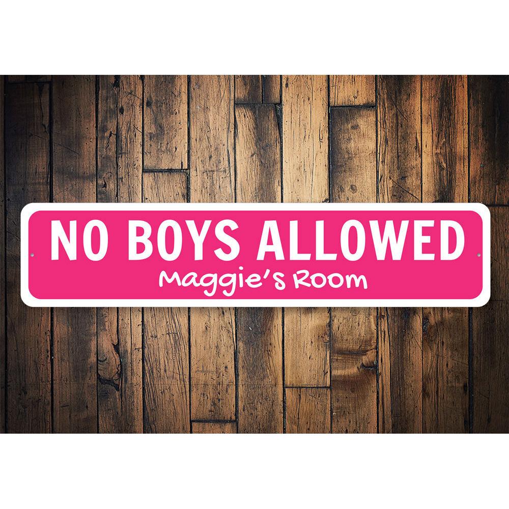 A colorful No Boys Allowed Sign made of aluminum, featuring playful lettering, perfect for kids' rooms.