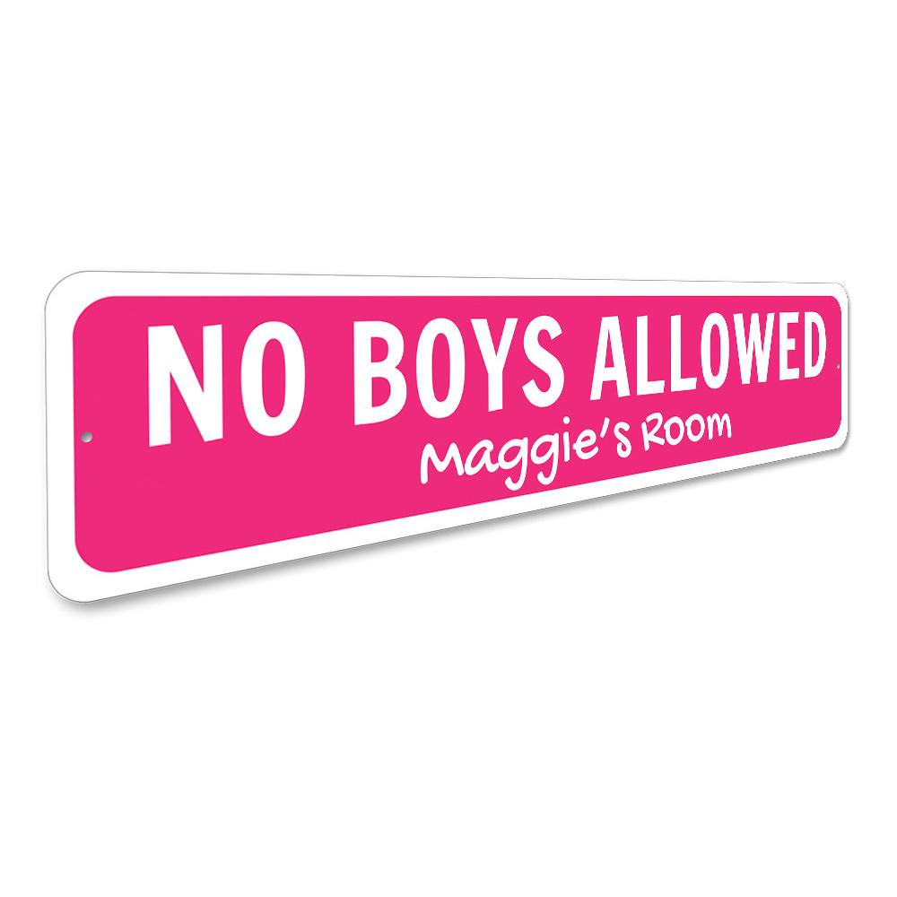 A colorful No Boys Allowed Sign made of aluminum, featuring playful lettering, perfect for kids' rooms.