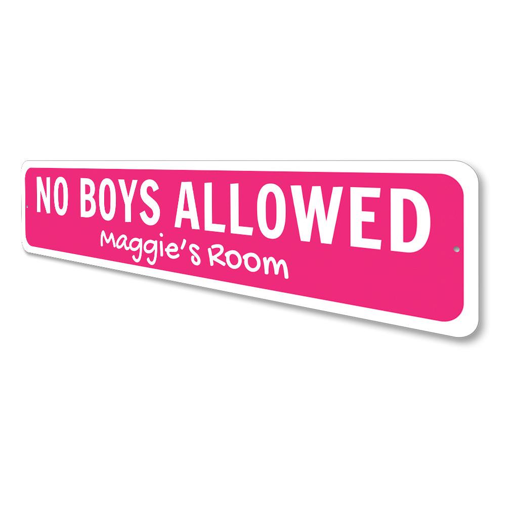 A colorful No Boys Allowed Sign made of aluminum, featuring playful lettering, perfect for kids' rooms.