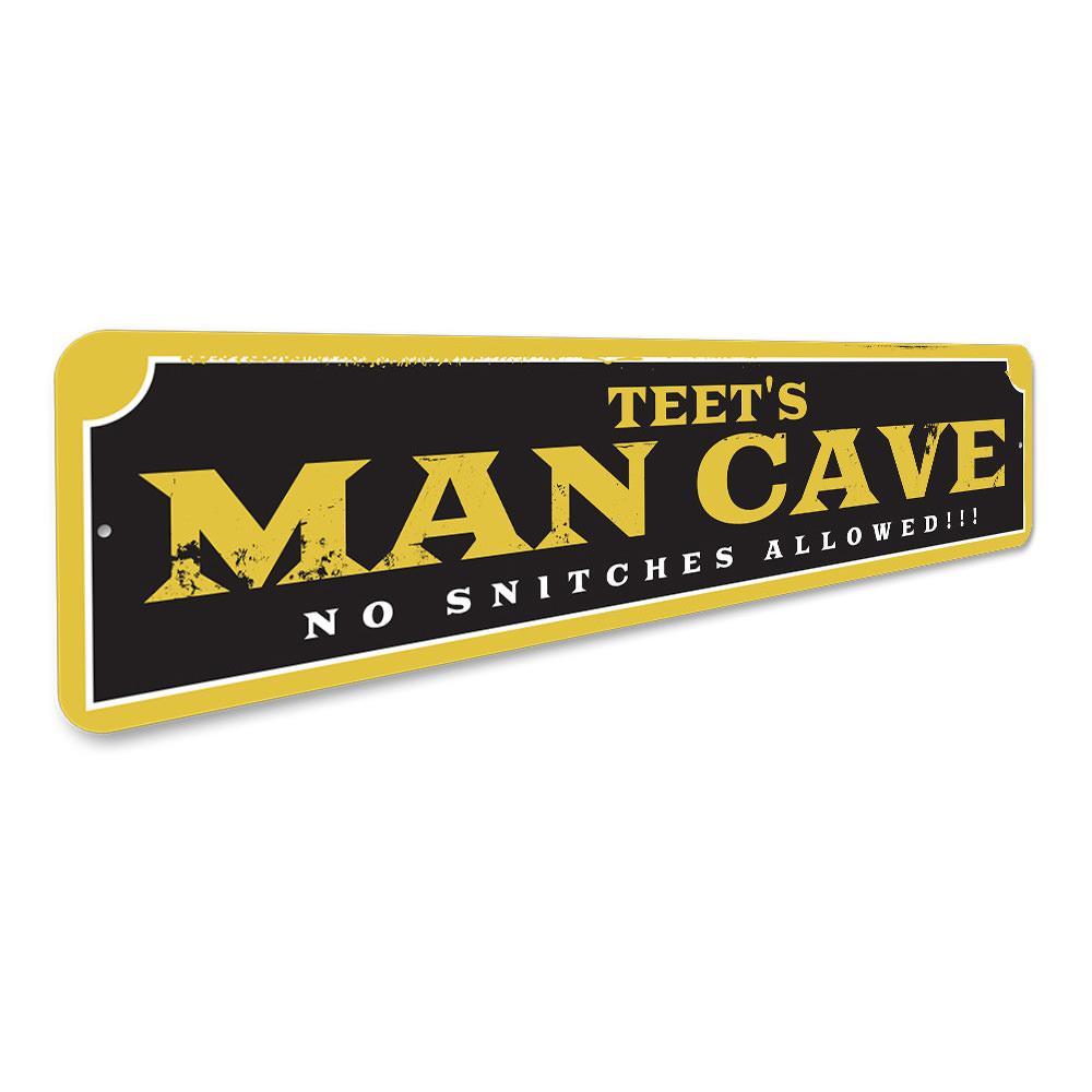 No Snitches Man Cave Sign made of high-quality aluminum, featuring a humorous design perfect for man caves.