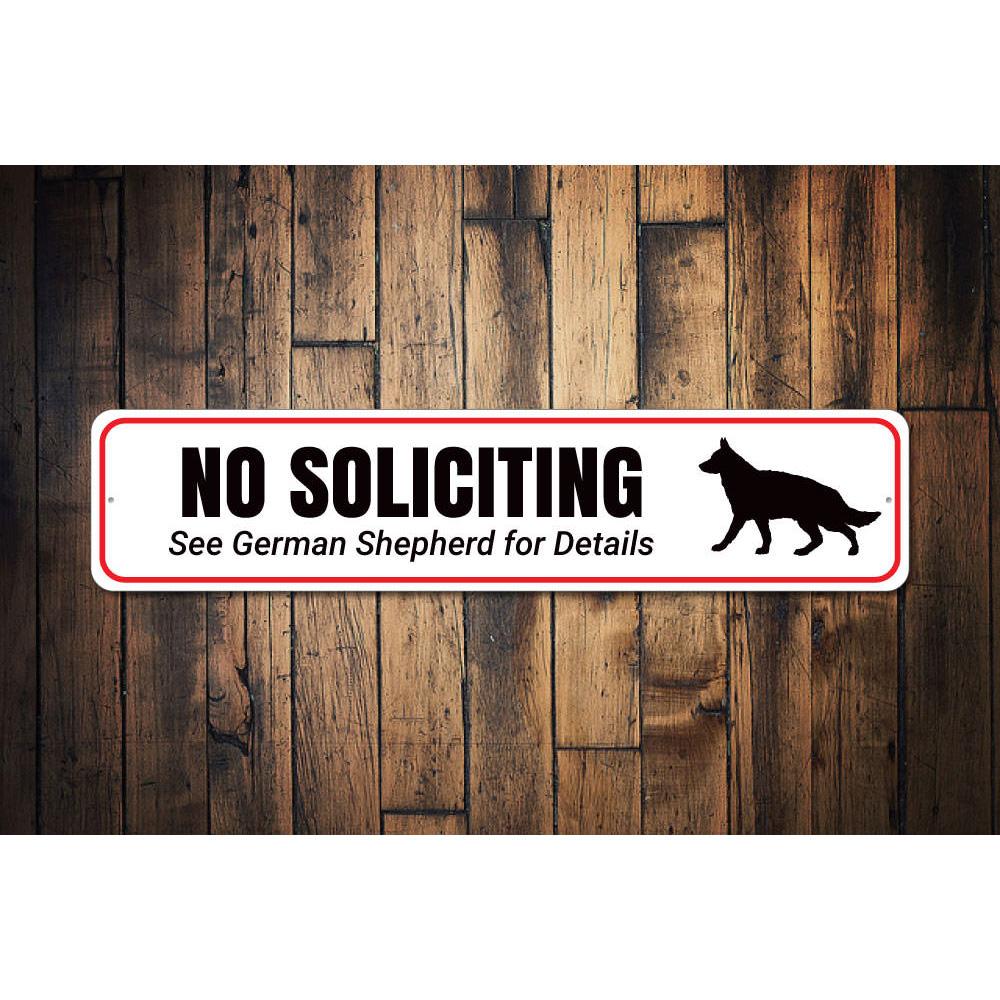 A decorative No Soliciting Dog Sign made of durable aluminum, featuring a playful design that deters unwanted visitors.