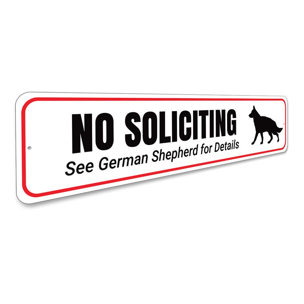 A decorative No Soliciting Dog Sign made of durable aluminum, featuring a playful design that deters unwanted visitors.