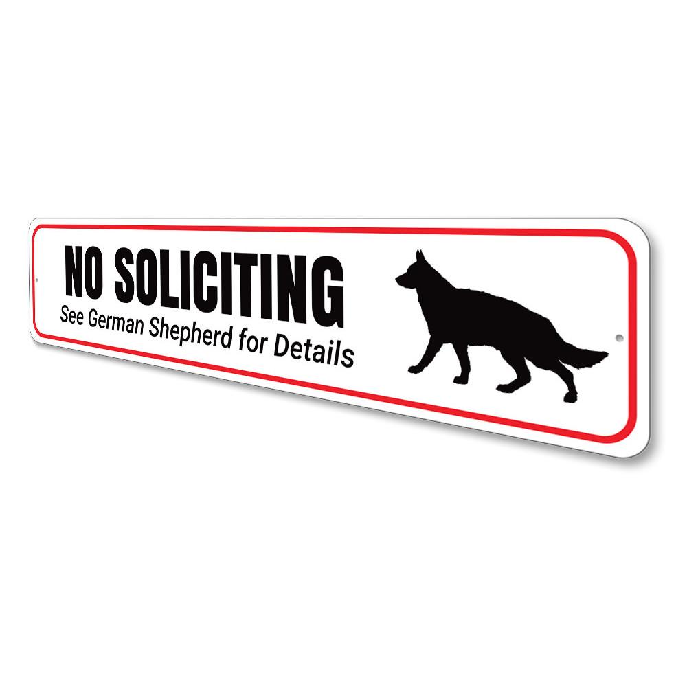 A decorative No Soliciting Dog Sign made of durable aluminum, featuring a playful design that deters unwanted visitors.