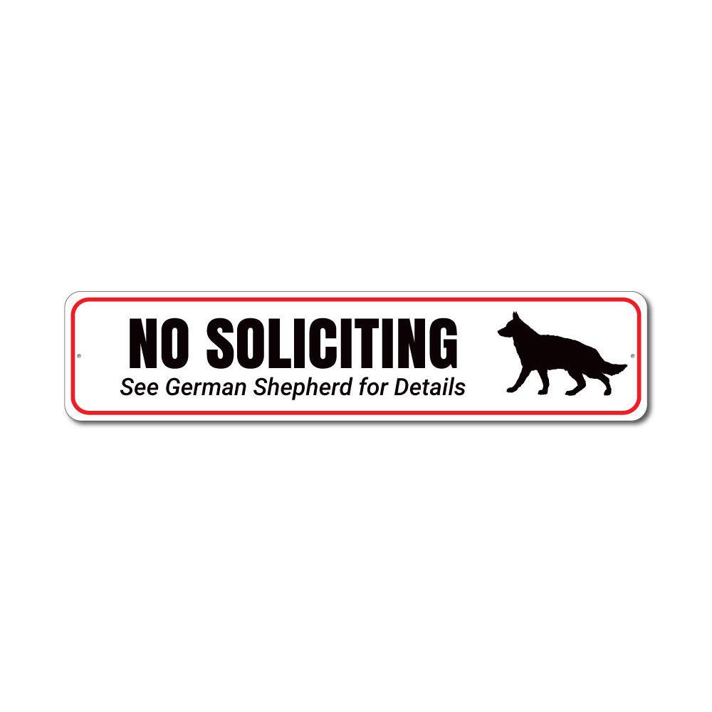 A decorative No Soliciting Dog Sign made of durable aluminum, featuring a playful design that deters unwanted visitors.