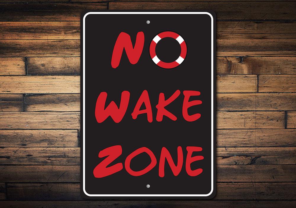 A high-quality aluminum No Wake Sign, featuring bold lettering and a vibrant design, suitable for indoor and outdoor use.