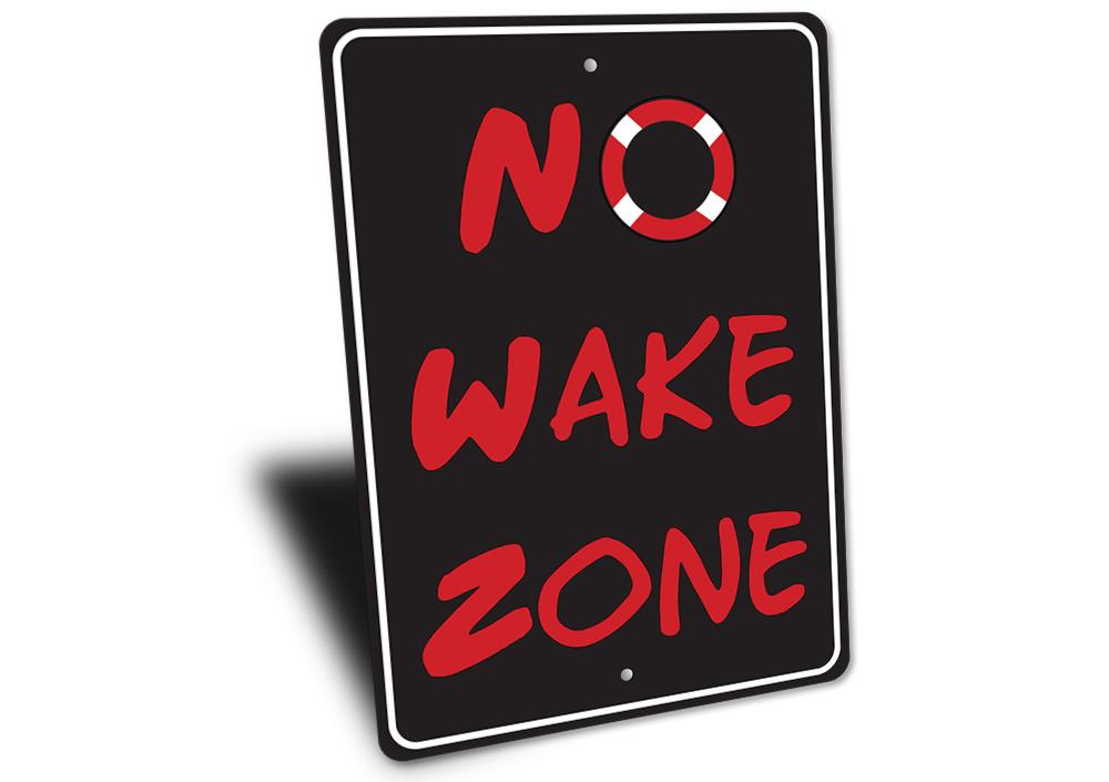 A high-quality aluminum No Wake Sign, featuring bold lettering and a vibrant design, suitable for indoor and outdoor use.