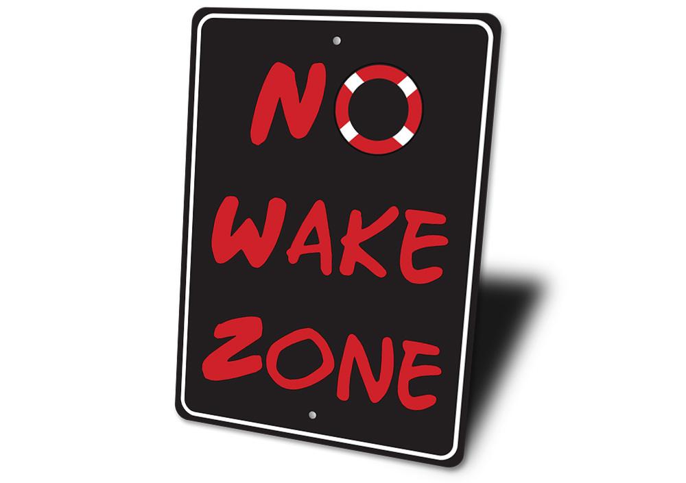 A high-quality aluminum No Wake Sign, featuring bold lettering and a vibrant design, suitable for indoor and outdoor use.