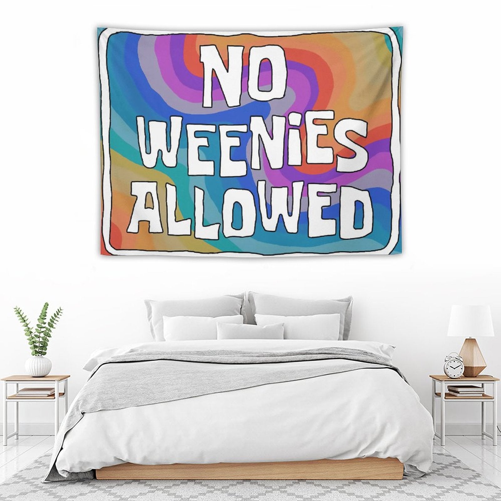 Colorful No Weenies Allowed Tapestry hanging on a wall, showcasing its vibrant design and quality material.