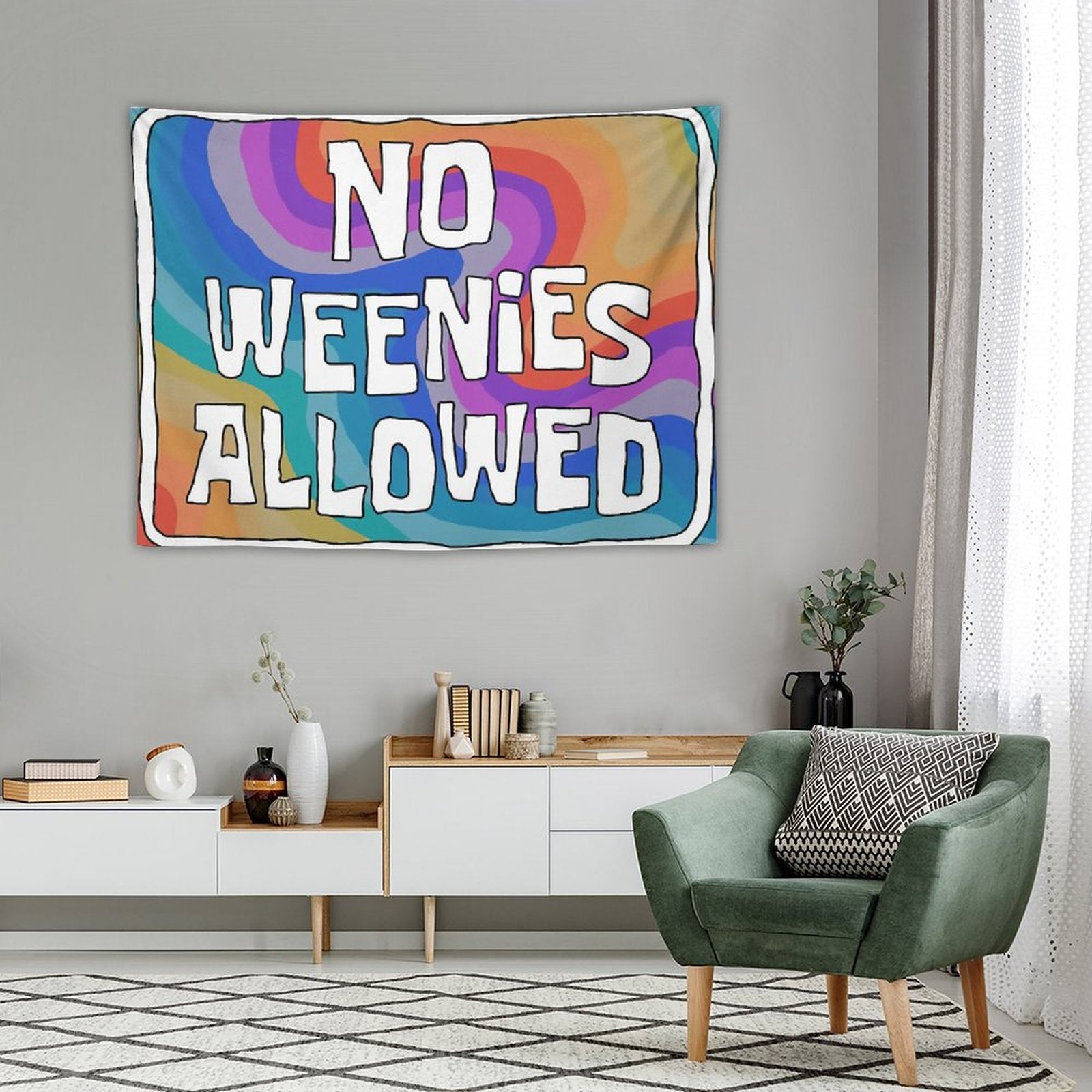 Colorful No Weenies Allowed Tapestry hanging on a wall, showcasing its vibrant design and quality material.