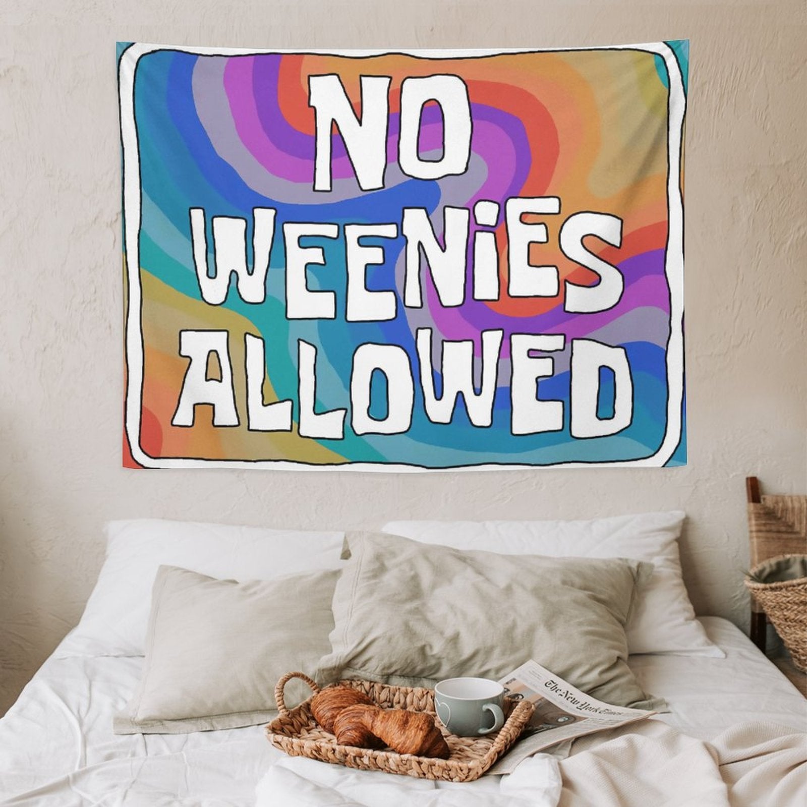 Colorful No Weenies Allowed Tapestry hanging on a wall, showcasing its vibrant design and quality material.