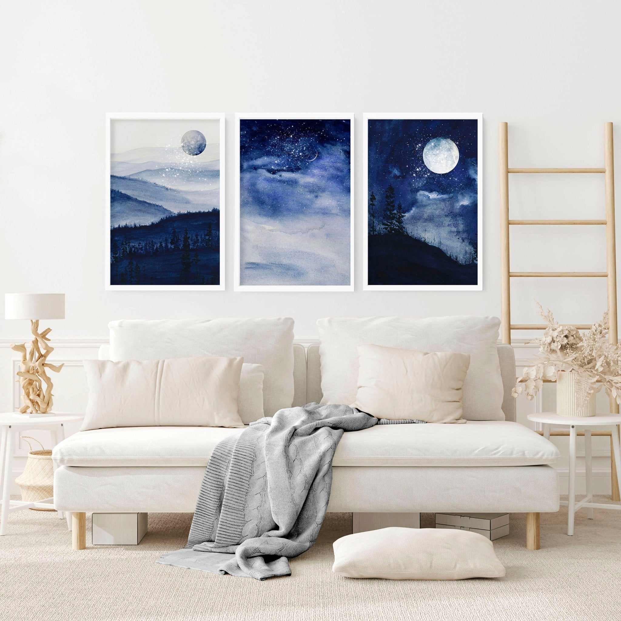 Set of 3 framed Nordic wall art prints featuring a dark blue starry night design, perfect for modern home decor.