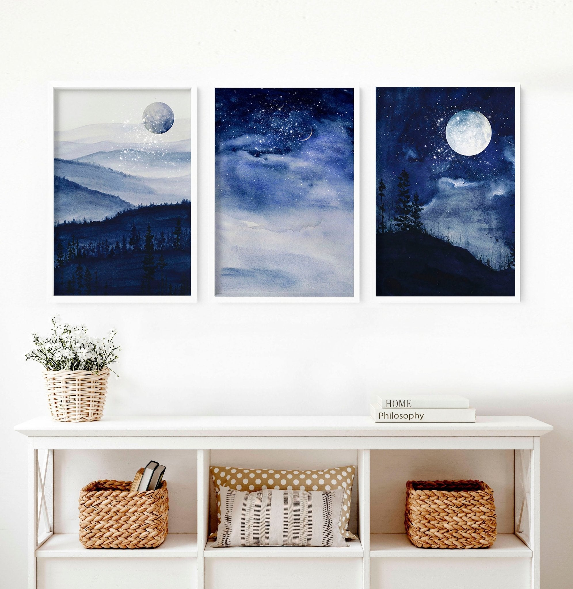 Set of 3 framed Nordic wall art prints featuring a dark blue starry night design, perfect for modern home decor.